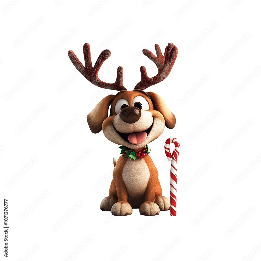 Smiling Dog Dressed as Reindeer Holding a Candy Cane for Christmas