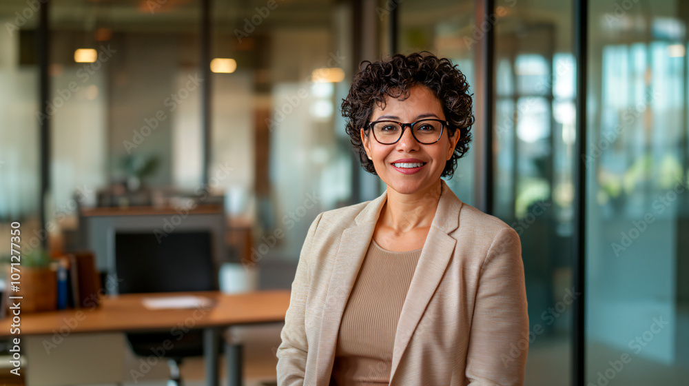 Confident middle aged latina businesswoman smiling in modern office setting. She is dressed smartly in a beige blazer over a top and black trousers, Confident middle aged latina businesswoman smiling in modern office setting. She is dressed smartly in a beige blazer over a top and black trousers,