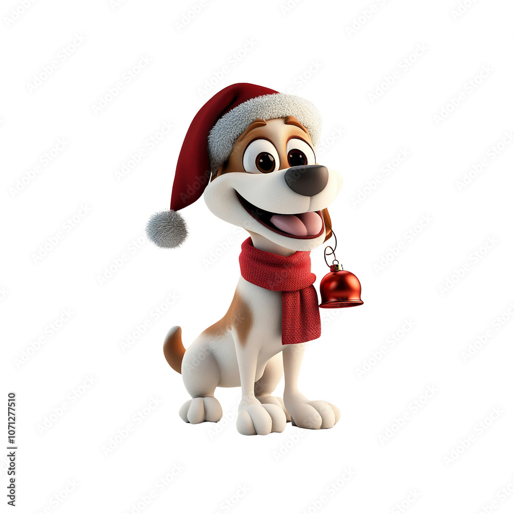 Cute Cartoon Dog in Santa Hat with Bell