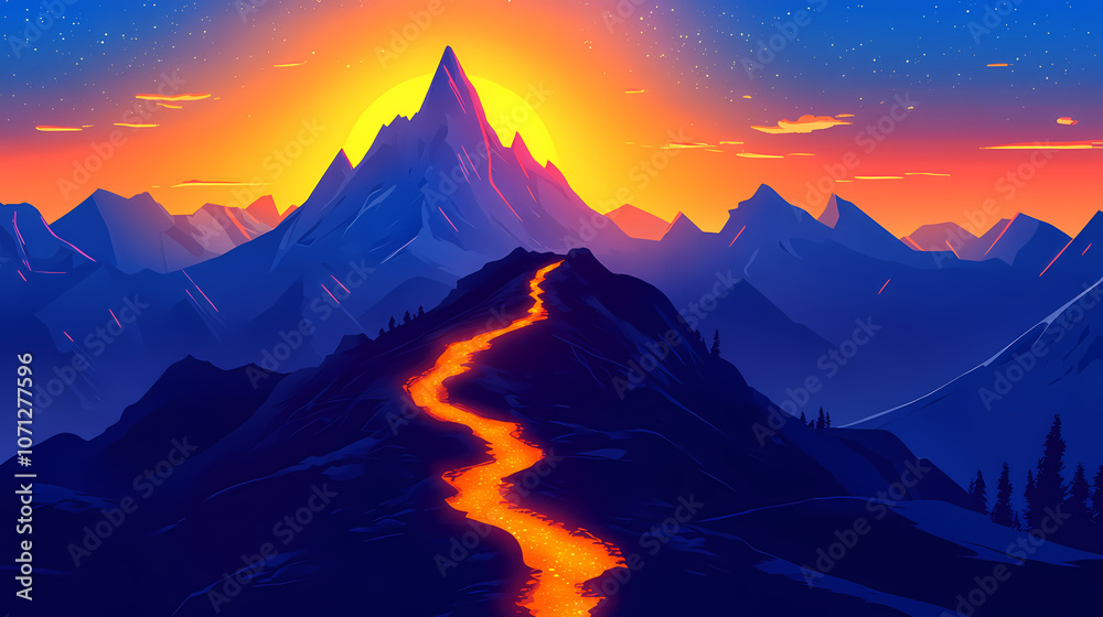 Futuristic mountain landscape with a glowing path leading to the summit. Glowing. Illustration Futuristic mountain landscape with a glowing path leading to the summit. Glowing. Illustration