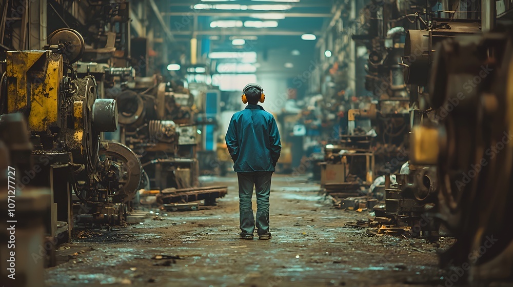Young Worker Stands Alone in an Abandoned Industrial Warehouse Reflecting on the Past and Future Young Worker Stands Alone in an Abandoned Industrial Warehouse Reflecting on the Past and Future