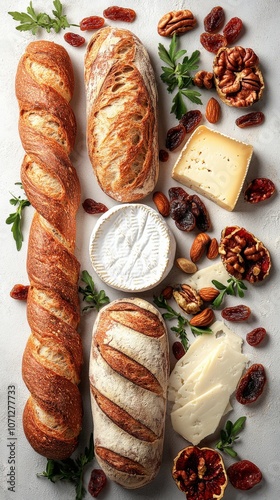 Artisanal Breads and Gourmet Cheeses with Nuts and Herbs - Rustic French Baguettes, Camembert, Gruyere, Walnuts, Pecans, Dates, Culinary Platter photo