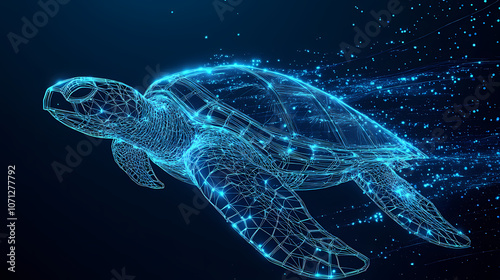 Futuristic wireframe sea turtle swimming in digital blue ocean with glowing lines. Glowing. Illustration