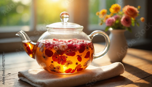 Glass teapot filled with floral herbal infusion on a wooden table with sunlight