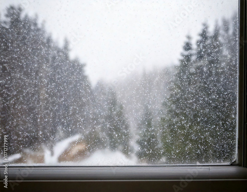 窓から覗くキラキラ輝く雪景色　降り積もる雪と森の風景太陽の光と反射　クリスマス・冬・寒い風景