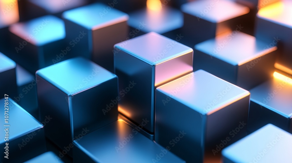 A close-up of metallic blocks illuminated with soft lighting, creating a modern, abstract aesthetic.