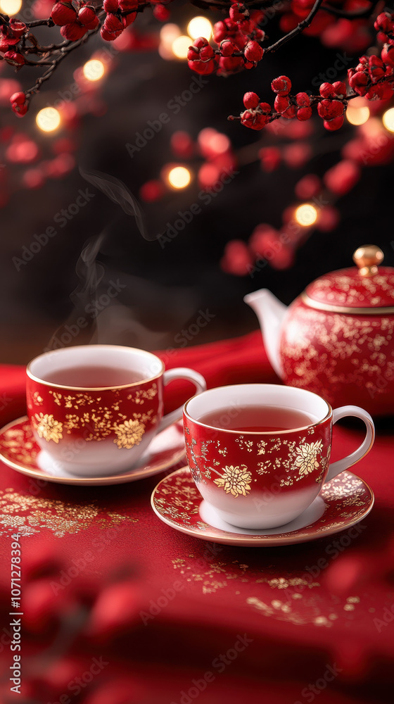 Fototapeta premium Elegant red tea set with floral patterns, steaming cups, and festive decor