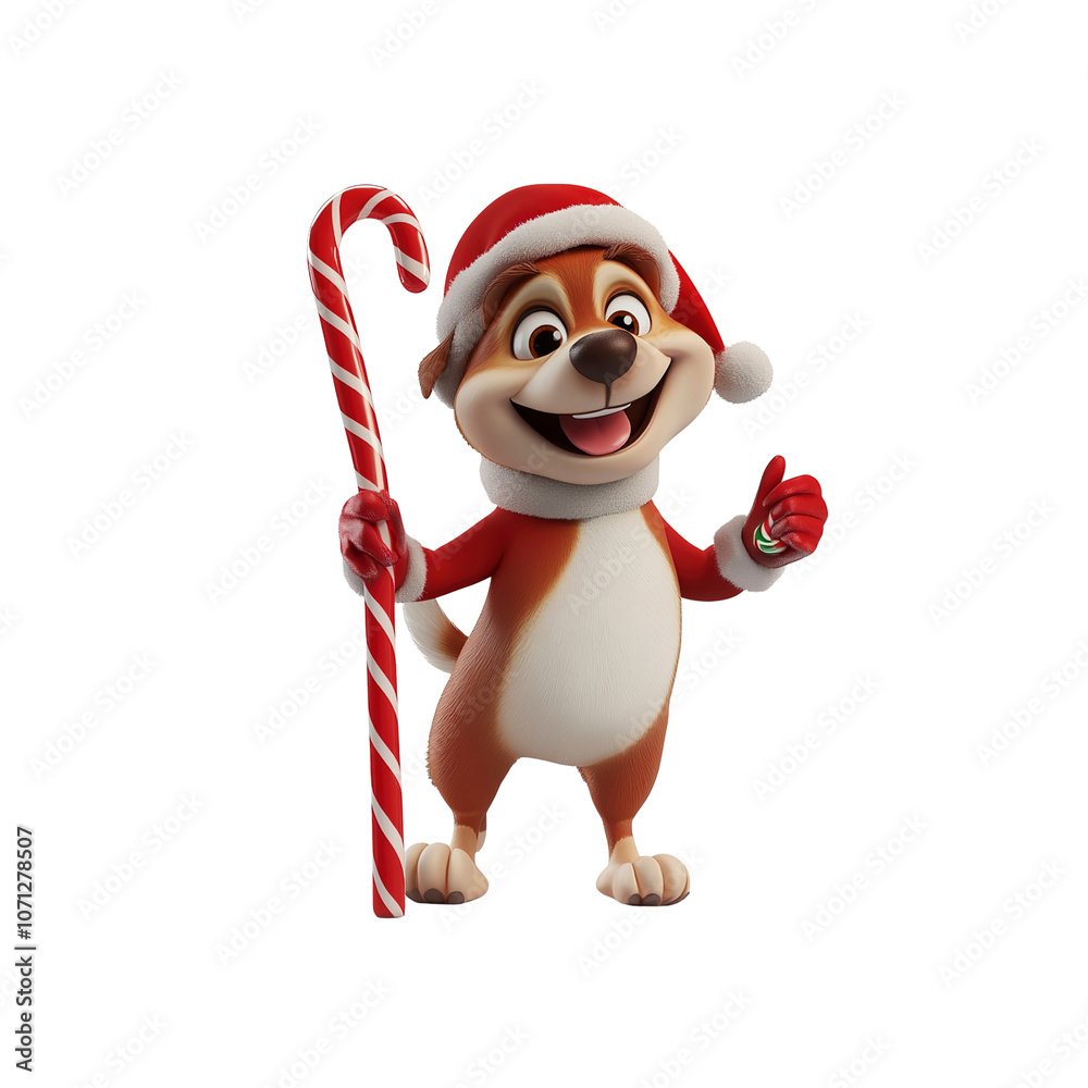 Cheerful Cartoon Dog in Santa Hat Holding a Candy Cane Cheerful Cartoon Dog in Santa Hat Holding a Candy Cane