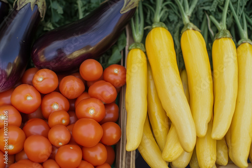 A variety of fresh organic vegetables including carrots, eggplant, tomatoes and pumpkin are displayed at the market photo