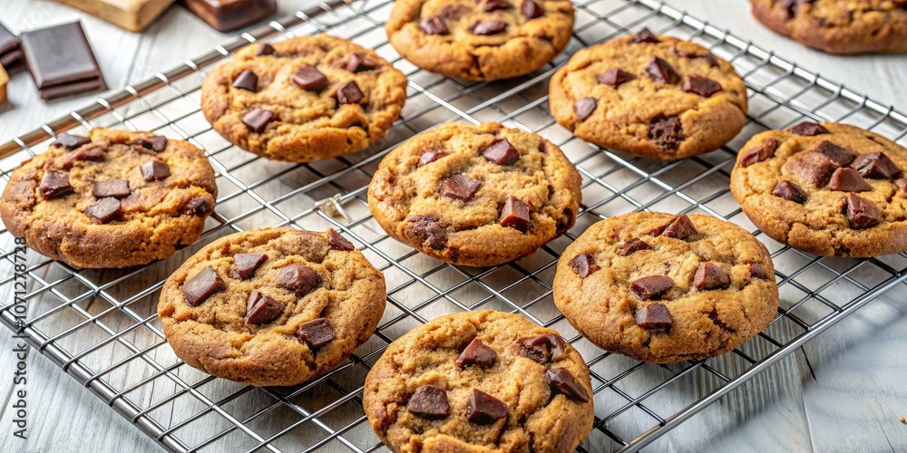 Batch of Chocolate Chunk Cookies Cooling on a Rack - Minimalist Photography, Perfectly Baked Texture, Isolated on White Background, Delicious Dessert, Baking Aesthetics Batch of Chocolate Chunk Cookies Cooling on a Rack - Minimalist Photography, Perfectly Baked Texture, Isolated on White Background, Delicious Dessert, Baking Aesthetics