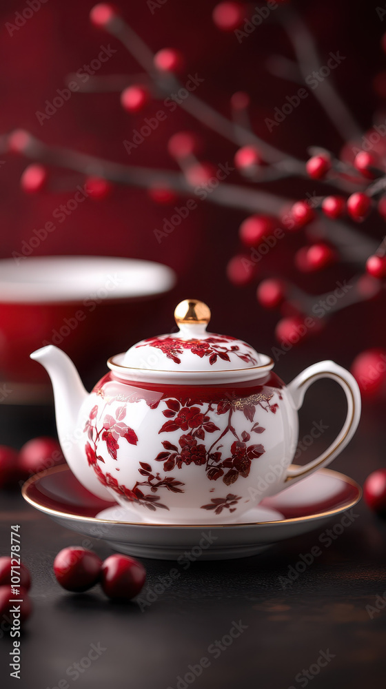 beautiful porcelain teapot with red floral patterns, surrounded by red berries, creating warm and inviting atmosphere. Perfect for tea lovers and elegant settings beautiful porcelain teapot with red floral patterns, surrounded by red berries, creating warm and inviting atmosphere. Perfect for tea lovers and elegant settings