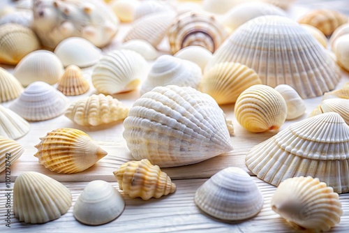 Beautifully Arranged White Seashells on Soft Light Background - Coastal Decor, Beach Aesthetic, Natural Elements, Minimalist Design, Ocean Treasures, Summer Vibes, Tranquil Home Decor