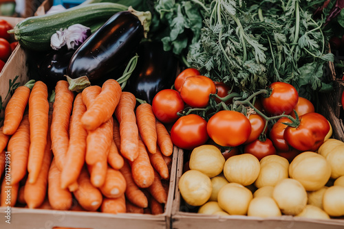 A variety of fresh organic vegetables including carrots, eggplant, tomatoes and pumpkin are displayed at the market photo