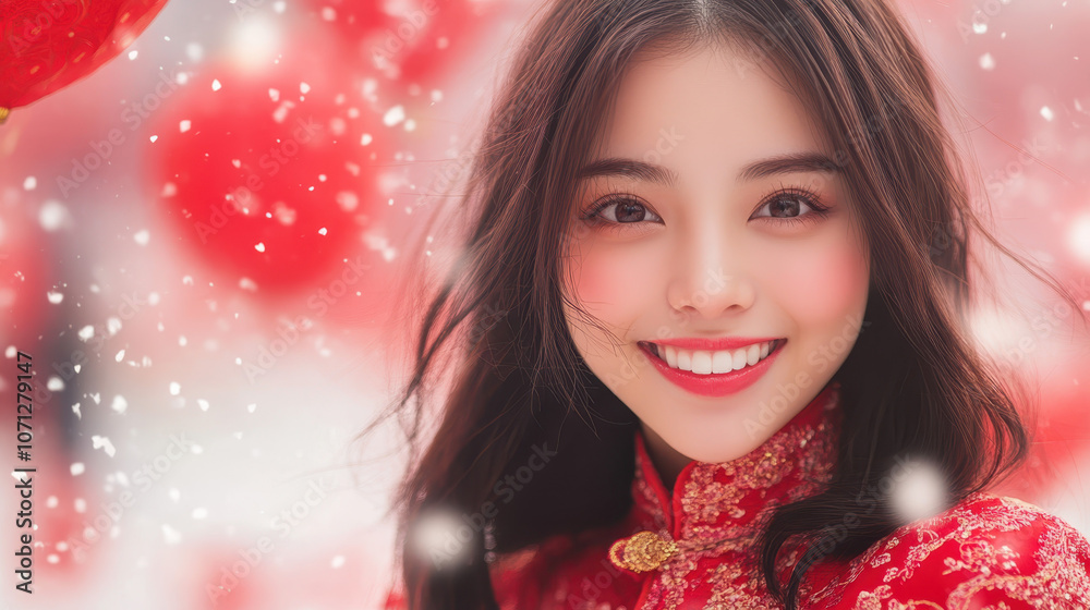 joyful young woman in red traditional outfit smiles brightly against festive background with red lanterns and falling snowflakes, capturing spirit of celebration joyful young woman in red traditional outfit smiles brightly against festive background with red lanterns and falling snowflakes, capturing spirit of celebration