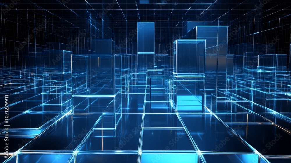 Fototapeta premium A futuristic digital landscape featuring transparent cubes and glowing lines in a dark environment.