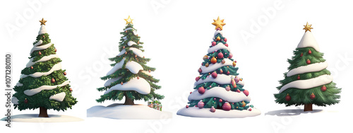 collection of four festive Christmas trees, each adorned with colorful ornaments and snow, showcasing different styles and decorations. Perfect for holiday themes.  ,PNG Transparency