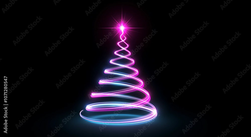 A vibrant, modern Christmas tree formed by swirling neon lights glowing against a dark background, creating a festive, minimalist holiday look. generative ai A vibrant, modern Christmas tree formed by swirling neon lights glowing against a dark background, creating a festive, minimalist holiday look. generative ai