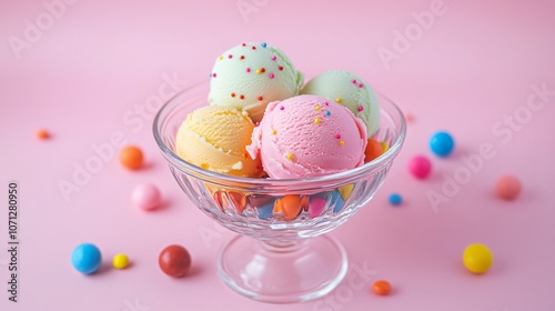 Colorful Ice Cream Scoops in Glass Bowl with Sprinkles and Candy