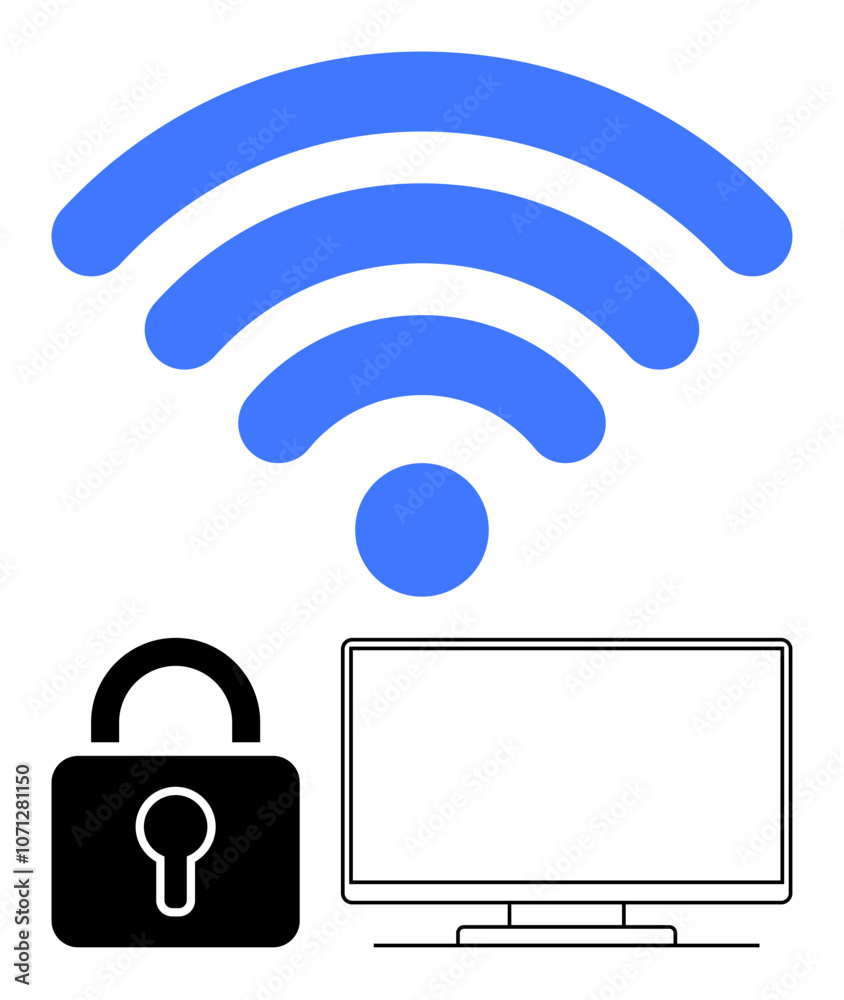 wireless signal, computer monitor, black padlock icon. Ideal for internet security, online privacy, network protection, cybersecurity awareness, digital safety secure browsing. Line metaphor wireless signal, computer monitor, black padlock icon. Ideal for internet security, online privacy, network protection, cybersecurity awareness, digital safety secure browsing. Line metaphor