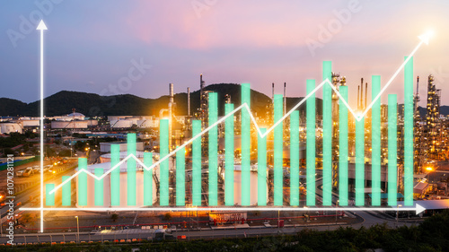 Oil-gas refinery or petrochemical plant. Include an arrow, graph, or bar chart. Increase trend or growth of production.