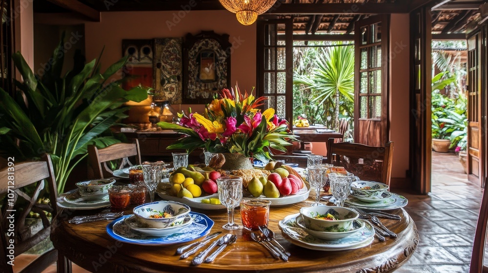 A beautifully set dining table with a colorful fruit centerpiece and elegant tableware in a cozy setting. A beautifully set dining table with a colorful fruit centerpiece and elegant tableware in a cozy setting.