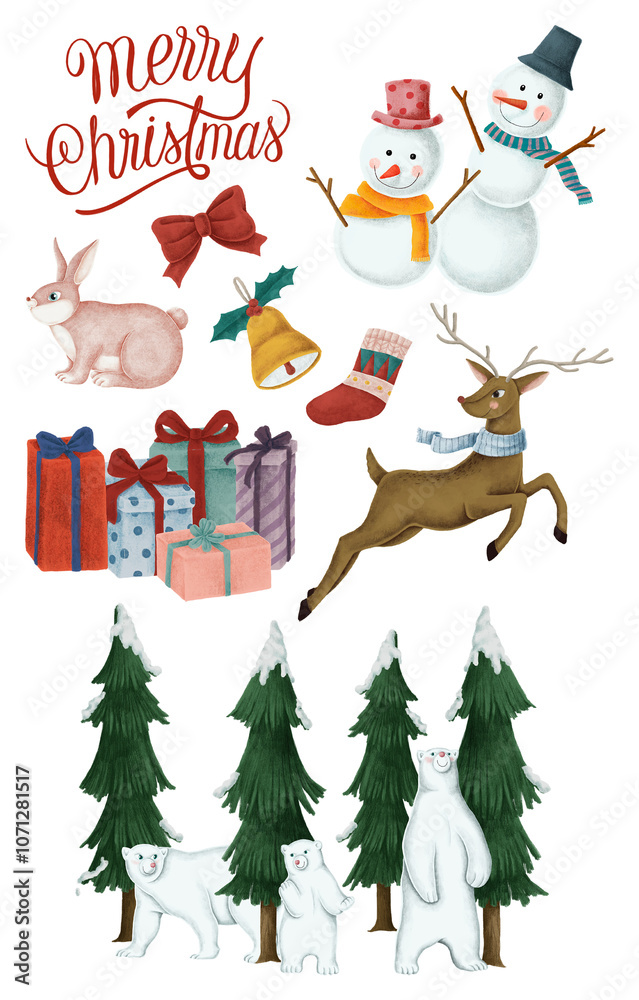 Fototapeta premium Cute Christmas png sticker ornament drawing set