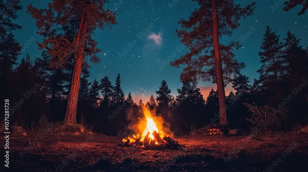 Campfire Under a Starry Sky in a Forest