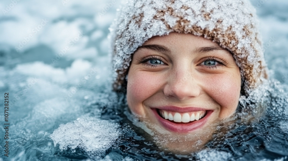 A solo winter swimmer emerging from the icy water after a quick dip, wrapped in a warm towel and smiling from the thrill. A solo winter swimmer emerging from the icy water after a quick dip, wrapped in a warm towel and smiling from the thrill.