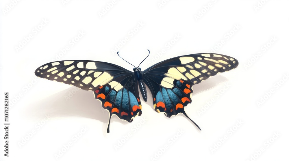 A vibrant butterfly with black, blue, yellow, and orange wings is isolated on a white background. A vibrant butterfly with black, blue, yellow, and orange wings is isolated on a white background.