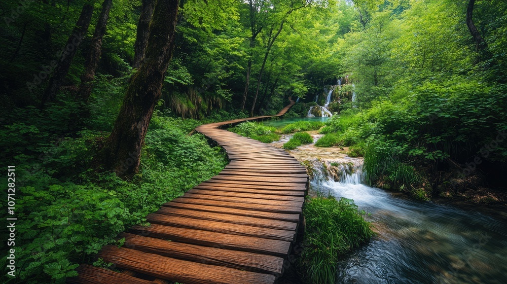 Fototapeta premium Wooden Path Through Lush Forest with Waterfalls in Background
