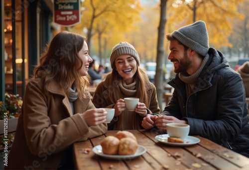 A couple warmly dressed, enjoying coffee together during an autumn picnic in the forest. The scene highlights love, warmth, and togetherness in a beautiful fall setting.