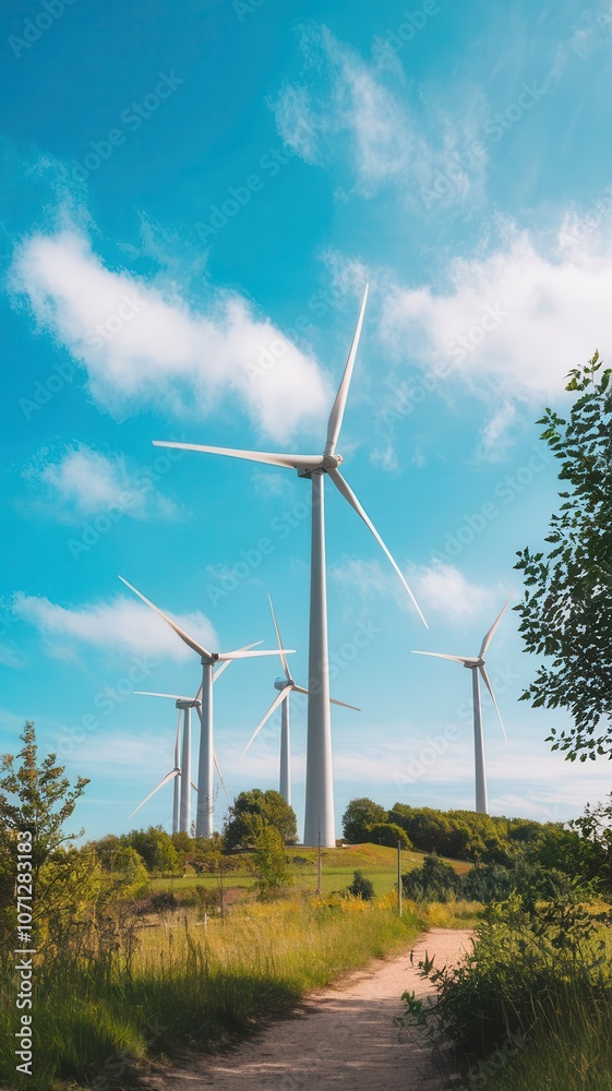 Wind Turbines Spinning Against a Clear Sky in a Rural Landscape. Generative AI