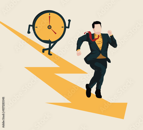 Businessman running away from giant clock, running out of time, work deadline, vector illustration