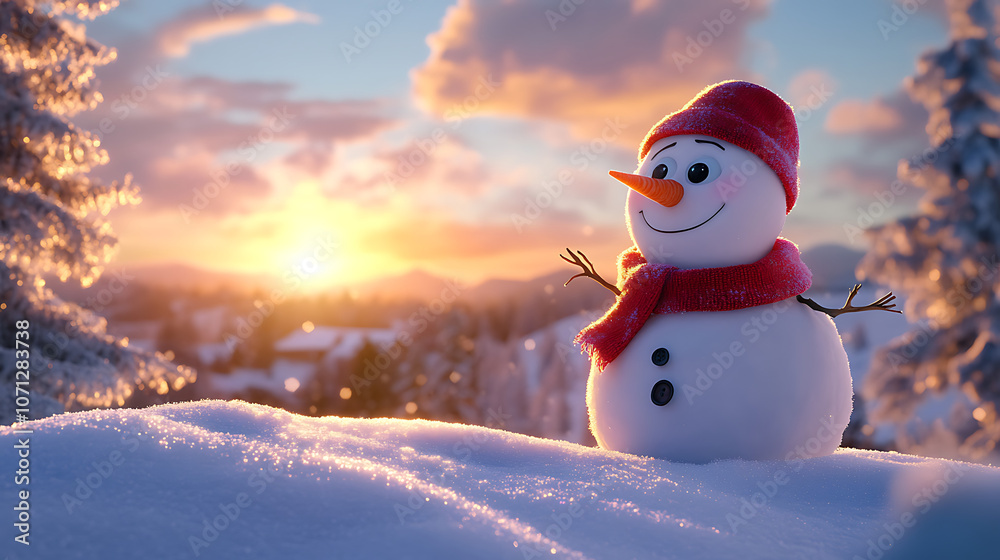Obraz premium A snowman with a red scarf and a red hat stands in the snow