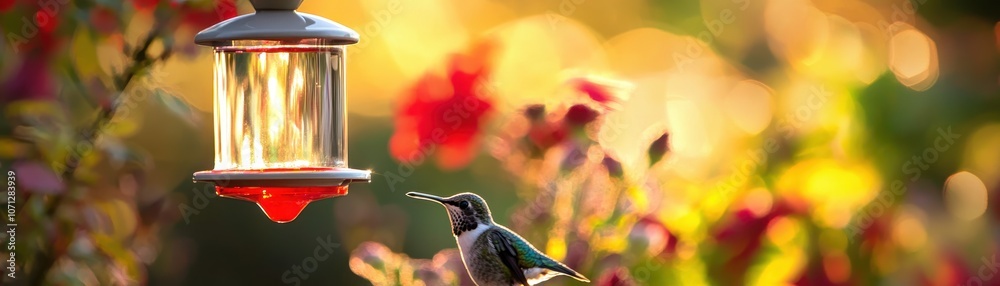 Obraz premium Hummingbird Gazing at a Red Nectar Feeder in a Garden Setting