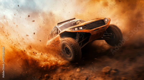 A professional off-road racer speeding through a rugged dirt track, with dust and rocks flying behind them in an adrenaline-filled competition. photo