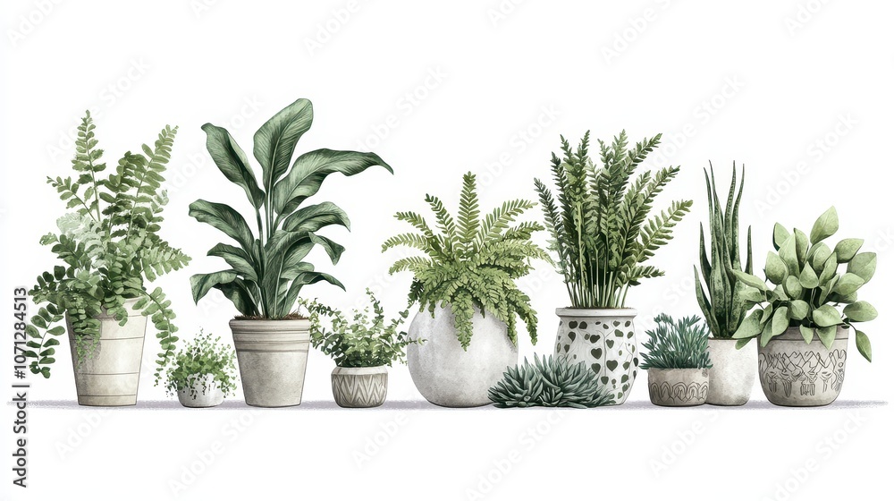 Watercolor Illustration of Various Green Plants in White Pots Watercolor Illustration of Various Green Plants in White Pots