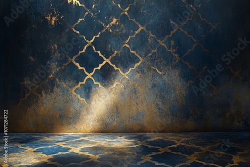 Beautiful Islamic geometric patterns in gold and Blue Textured Pattern Background