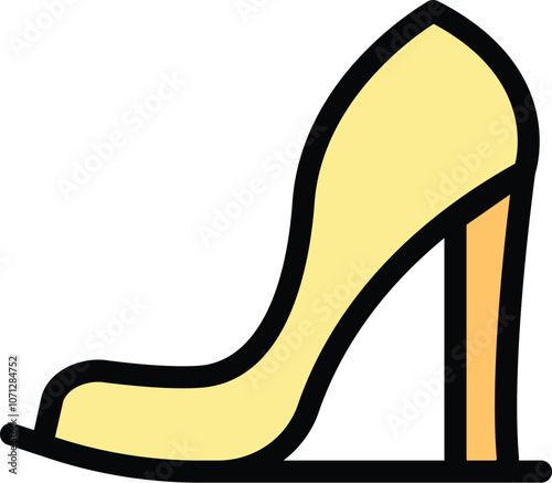 Simple cartoon style icon of a yellow high heel shoe with a peep toe, standing up on a white background