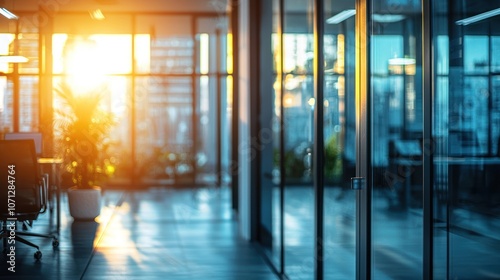 Blurred office interior background with a blurred door and glass wall, blurry bokeh light effect for a business concept design. High-quality photo, taken with a telephoto lens in realistic daylight.