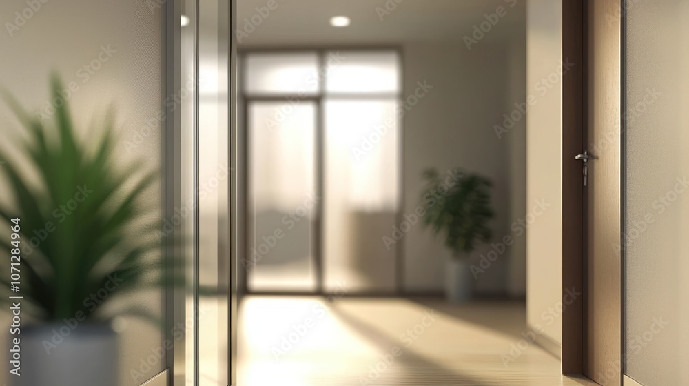 Fototapeta premium Blurred office interior background with a blurred door and glass wall, blurry bokeh light effect for a business concept design. High-quality photo, taken with a telephoto lens in realistic daylight.
