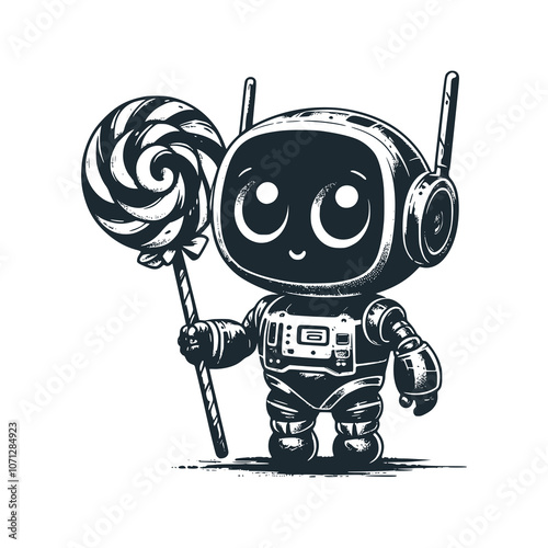 Robot carrying big sugar candy. Black white vector illustration.