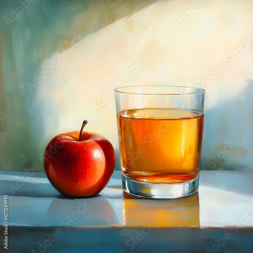 A vibrant still life featuring a fresh apple beside a glass of juice, capturing the essence of natural ingredients and healthy living in a warm and inviting setting.