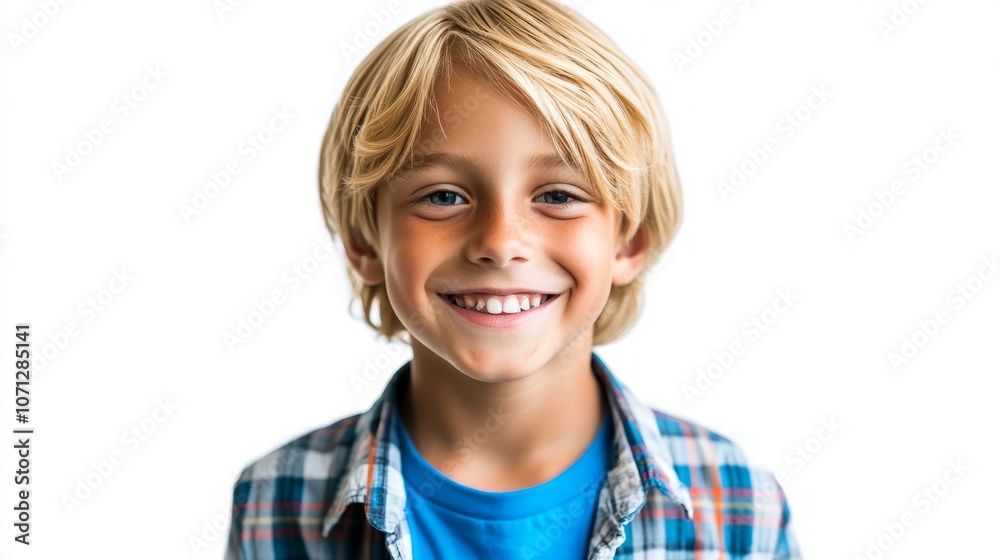 A young boy with blond hair and blue eyes smiles brightly at the camera. A young boy with blond hair and blue eyes smiles brightly at the camera.