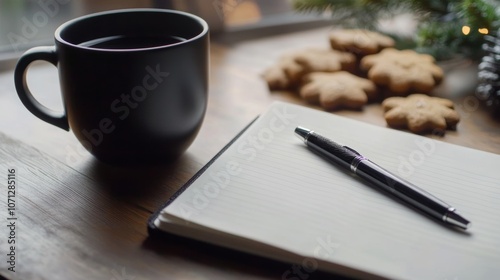 Notebook with pen and cup of coffee on table