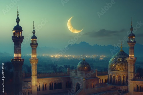 Majestic Mosque Under Crescent Moonlight photo