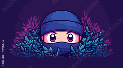 Colorful Cartoon Ninja in Blue Attire Hiding Among Vibrant Purple Foliage with Big Eyes and Stealthy Expression for Animated Art and Digital Design Inspiration
