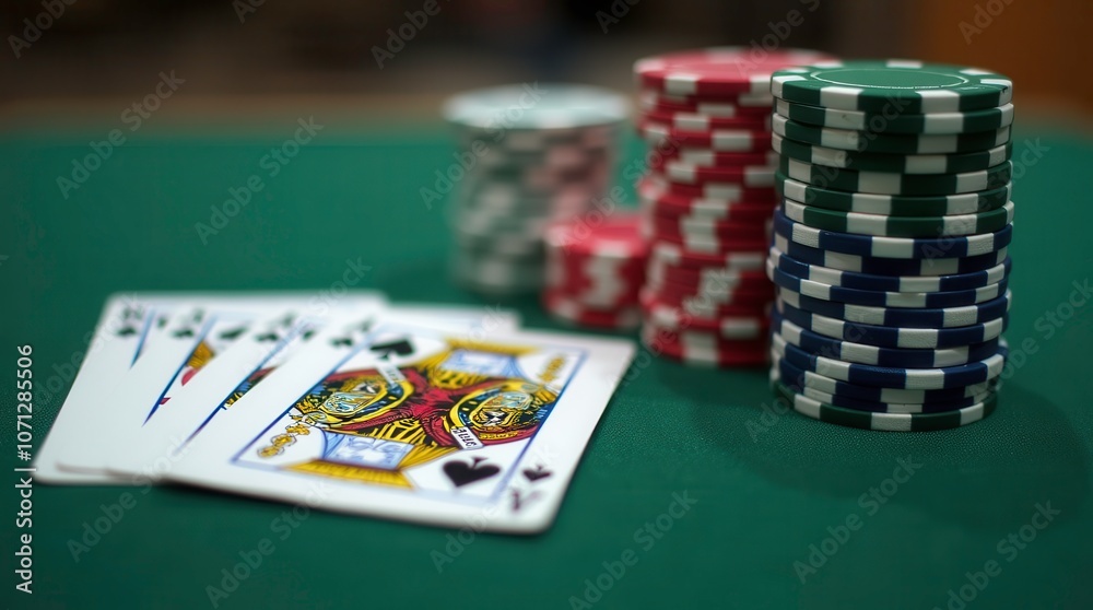 Chips Stacked Beside a Royal Flush During a High-Stakes Poker Game. Generative AI Chips Stacked Beside a Royal Flush During a High-Stakes Poker Game. Generative AI