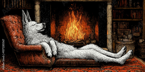 Relaxing Wolf by Cozy Fireplace in Rustic Library, Vintage Armchair, Warm Ambiance, Comfortable Atmosphere, Repose in Rustic Setting, Tranquil Evening Scene