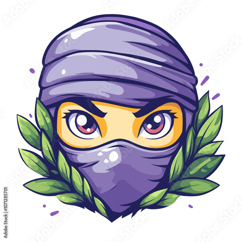 Vibrant Cartoon Ninja Face with Intense Eyes and Purple Mask in Leafy Wreath - Anime Style Illustration for Cool Gaming and Martial Arts Merchandise